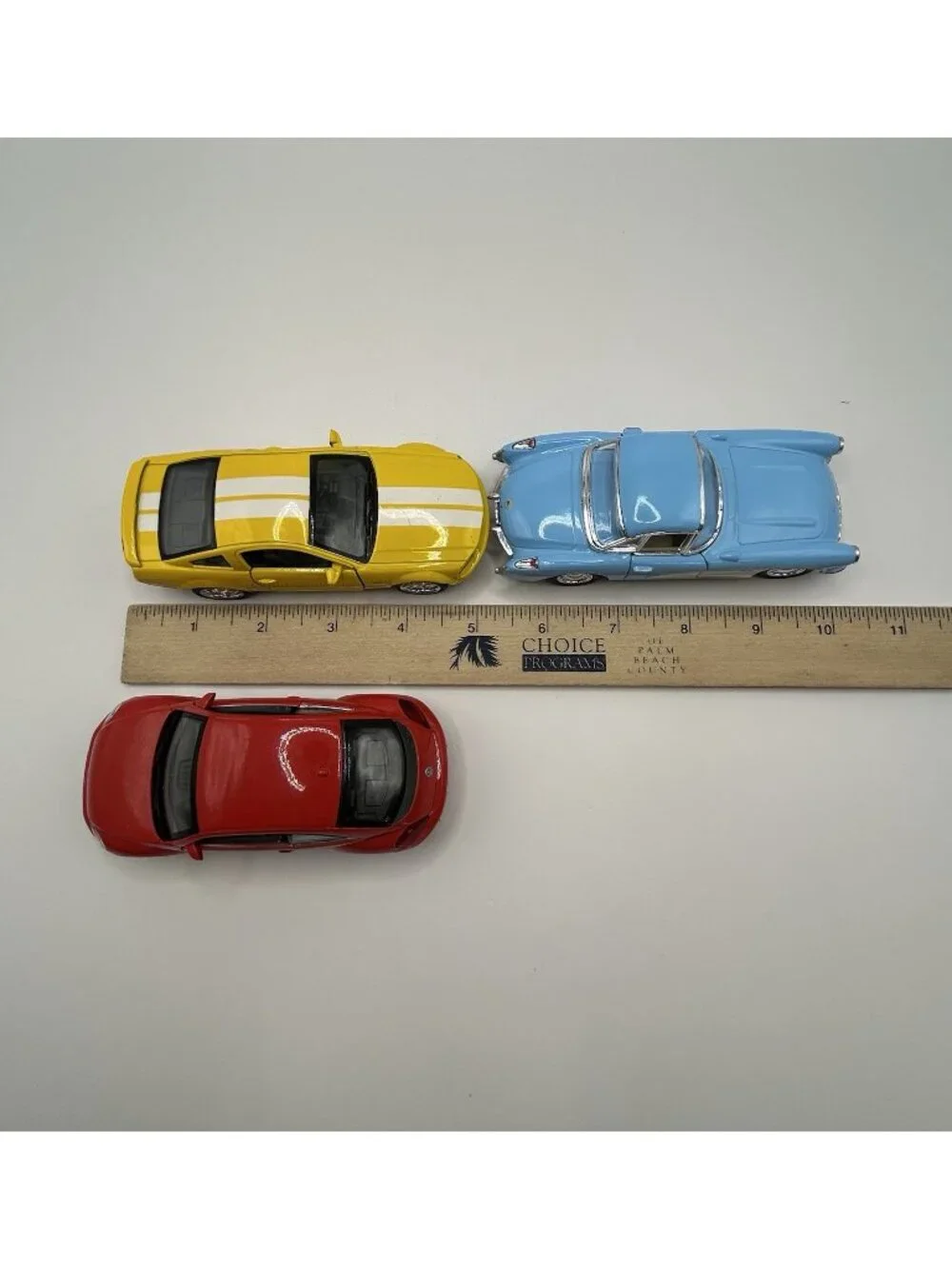 Lot of 3 Diecast Cars Corvette VW Beetle Mustang Kinsmart Scale Blue Red Yellow